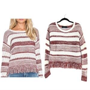 MINKPINK Sunday Frills Fringe Sweater in Maroon & White size Small